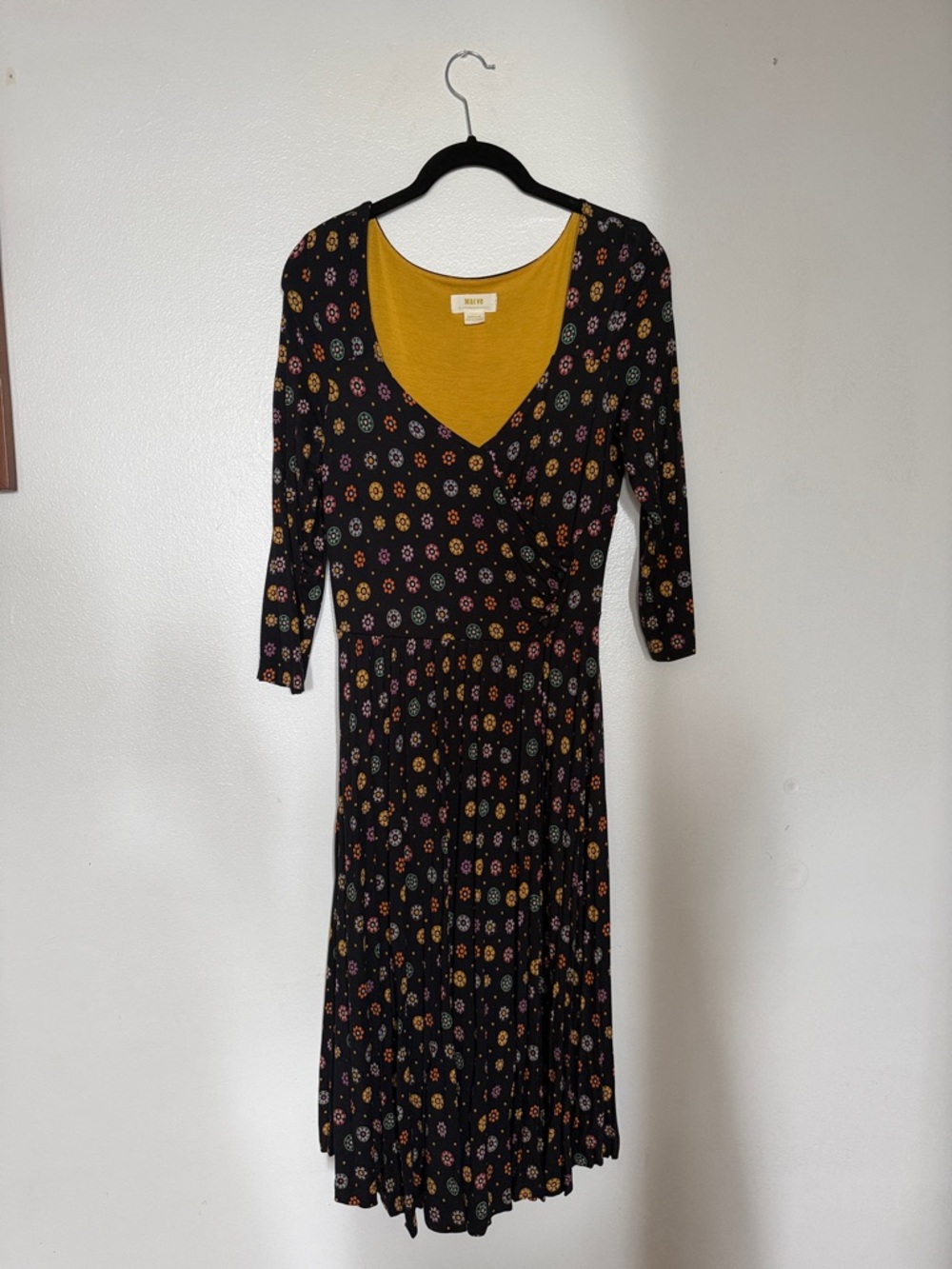 Maeve Black Floral Wrap-Style Midi Dress with Mustard Lining